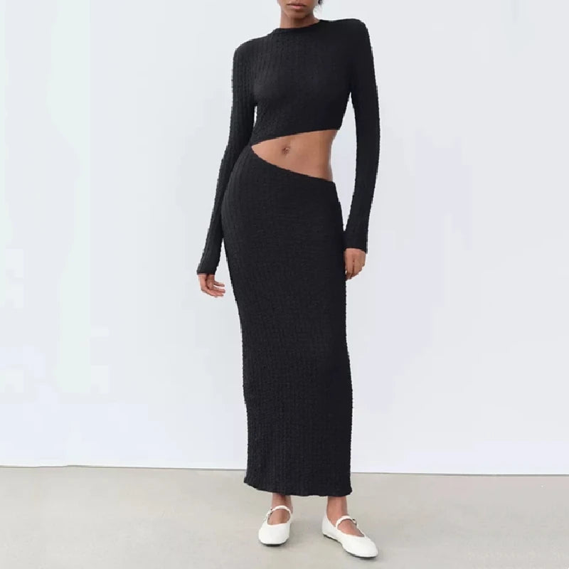 KAR&OT ZA 2024 Autumn New Women's Clothing Design Waist-revealing Open Design Long-sleeved Stand-up Collar Dress 5039388