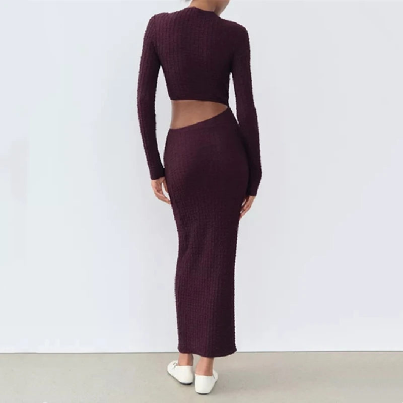 KAR&OT ZA 2024 Autumn New Women's Clothing Design Waist-revealing Open Design Long-sleeved Stand-up Collar Dress 5039388