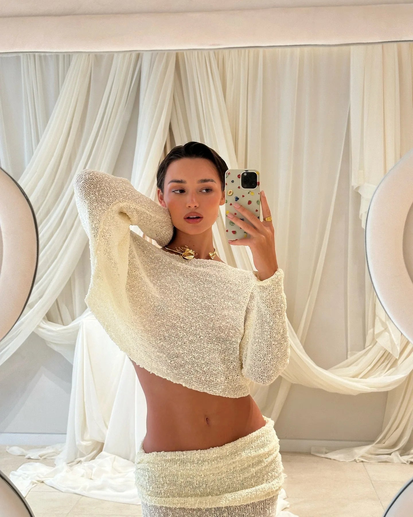 Summer Knit Beach Skirt Sets Women Sexy See Through Holiday Two Piece Outfits Long Sleeve Top and Maxi Skirt Matching Set 2025