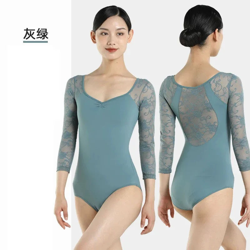 Lace patchwork Ballet Leotard Women V-neck long sleeves Ballerina Classical Dancewear Gymnastics Swimsuit Yoga Tights Performanc