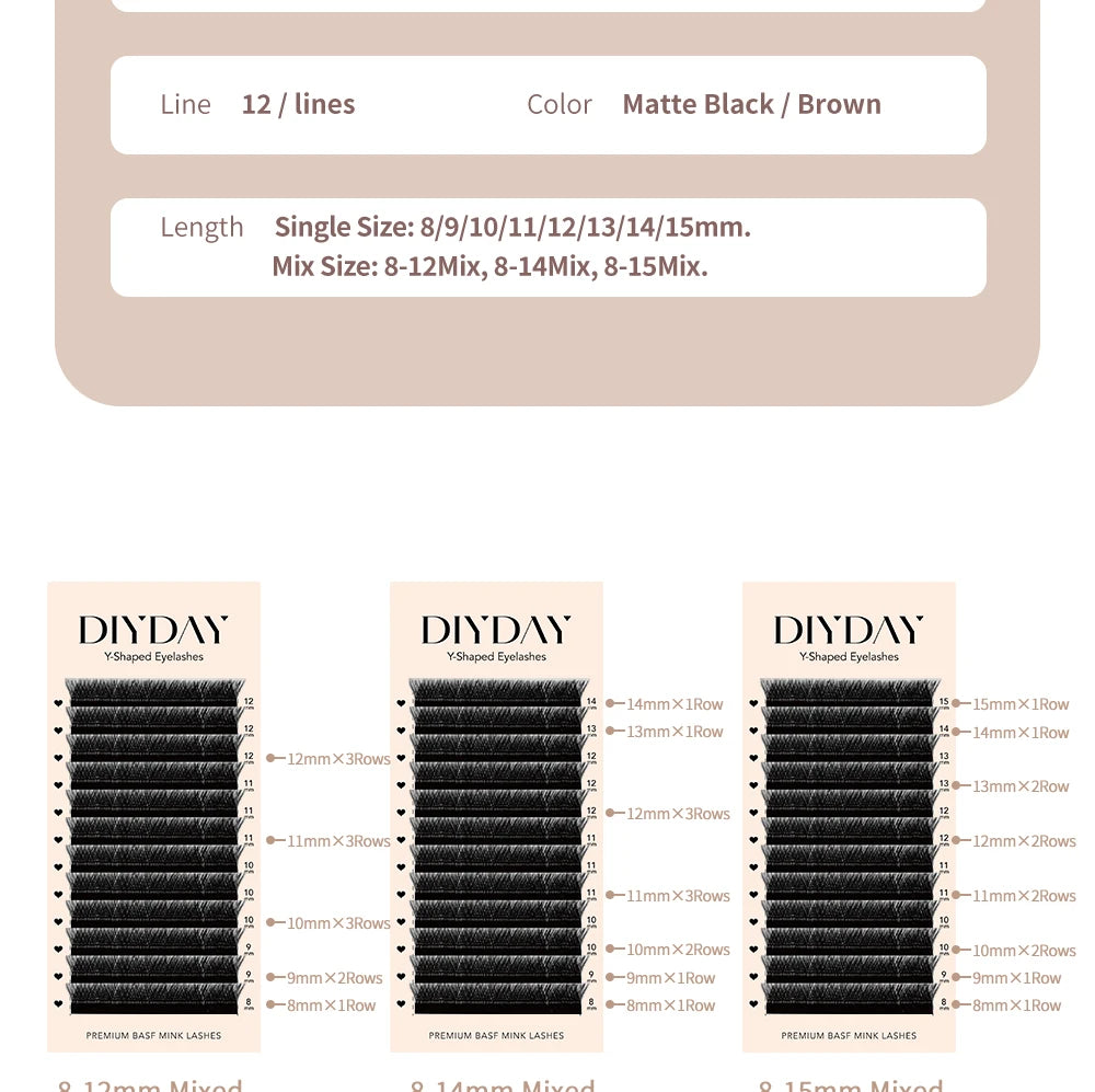DIYDAY YY Shape Eyelash Extensions C D L LU Curl Brown Lashes Natural Soft Premade Volume Fans Two Tips Y-Shaped False Eyelashes