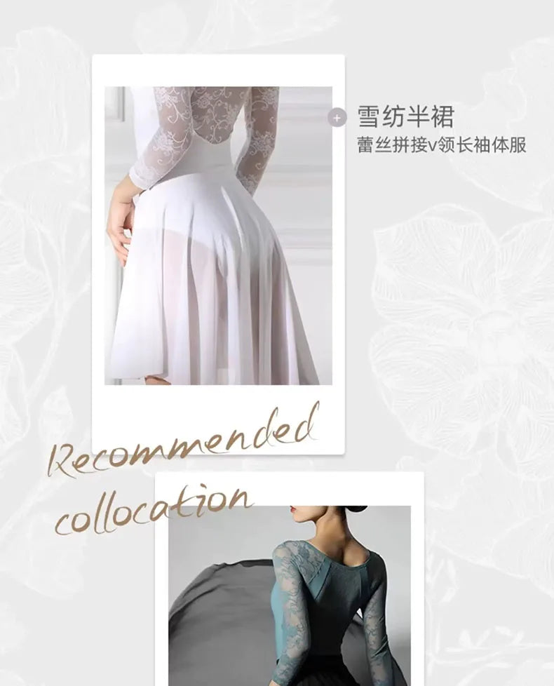 Lace patchwork Ballet Leotard Women V-neck long sleeves Ballerina Classical Dancewear Gymnastics Swimsuit Yoga Tights Performanc