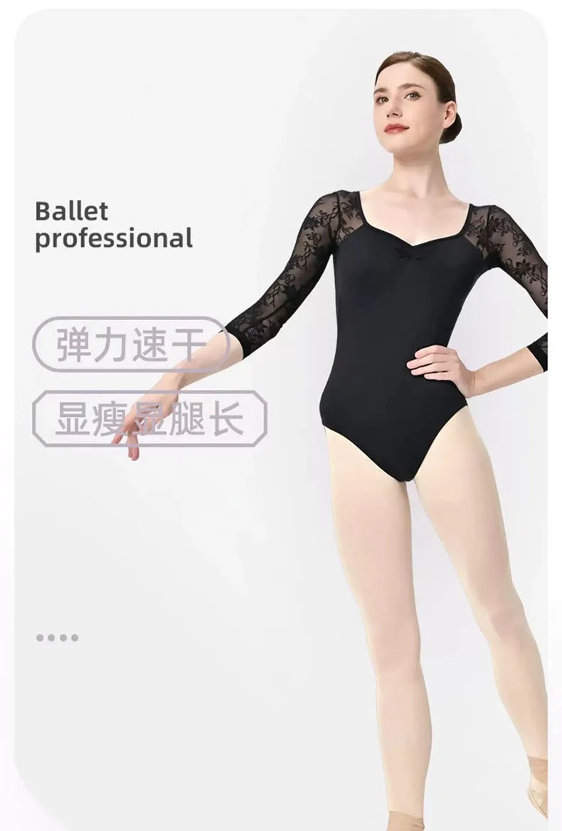 Lace patchwork Ballet Leotard Women V-neck long sleeves Ballerina Classical Dancewear Gymnastics Swimsuit Yoga Tights Performanc
