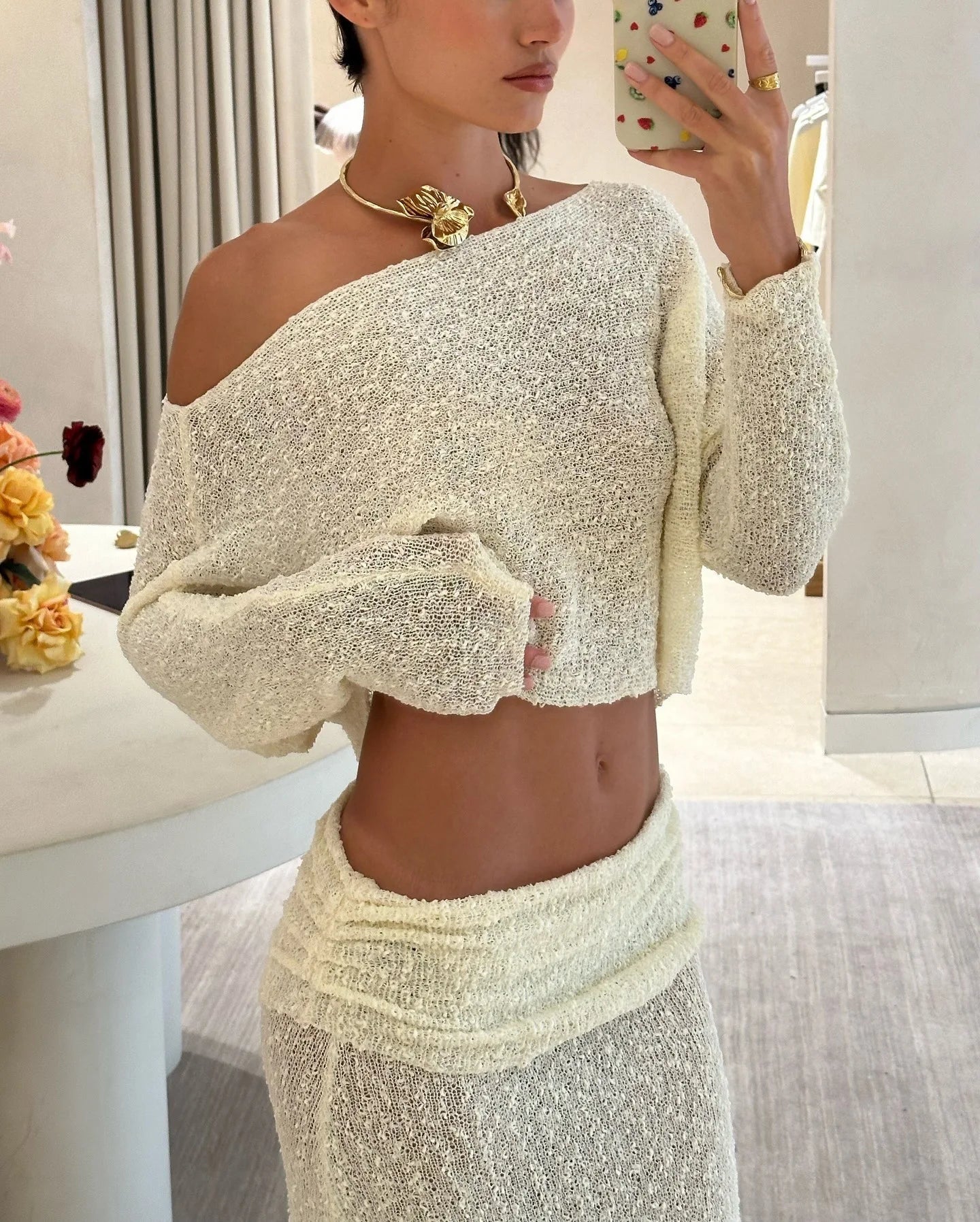 Summer Knit Beach Skirt Sets Women Sexy See Through Holiday Two Piece Outfits Long Sleeve Top and Maxi Skirt Matching Set 2025