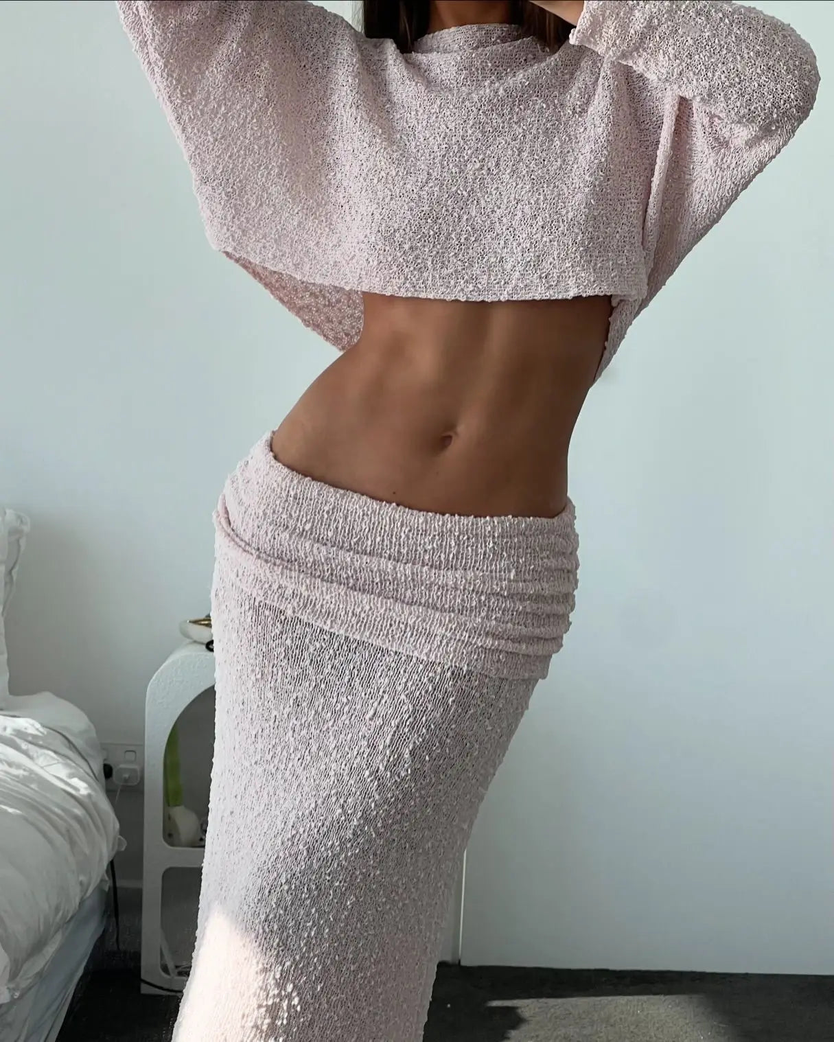 Summer Knit Beach Skirt Sets Women Sexy See Through Holiday Two Piece Outfits Long Sleeve Top and Maxi Skirt Matching Set 2025