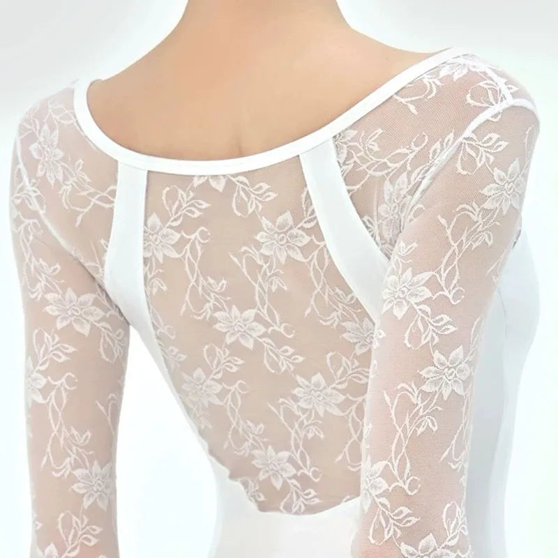 Lace patchwork Ballet Leotard Women V-neck long sleeves Ballerina Classical Dancewear Gymnastics Swimsuit Yoga Tights Performanc
