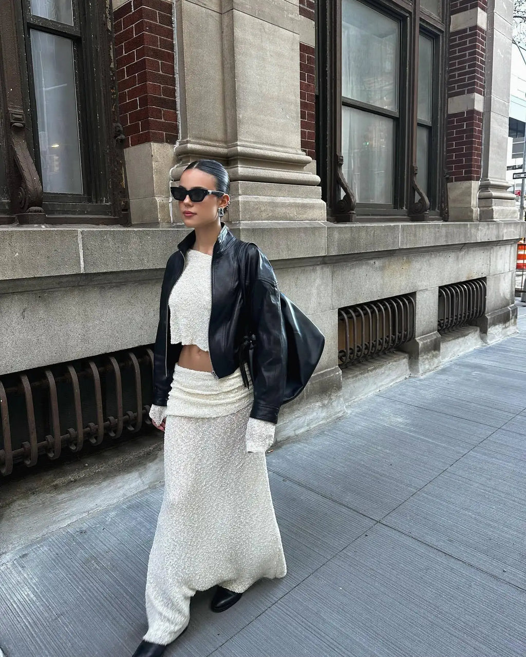 Summer Knit Beach Skirt Sets Women Sexy See Through Holiday Two Piece Outfits Long Sleeve Top and Maxi Skirt Matching Set 2025