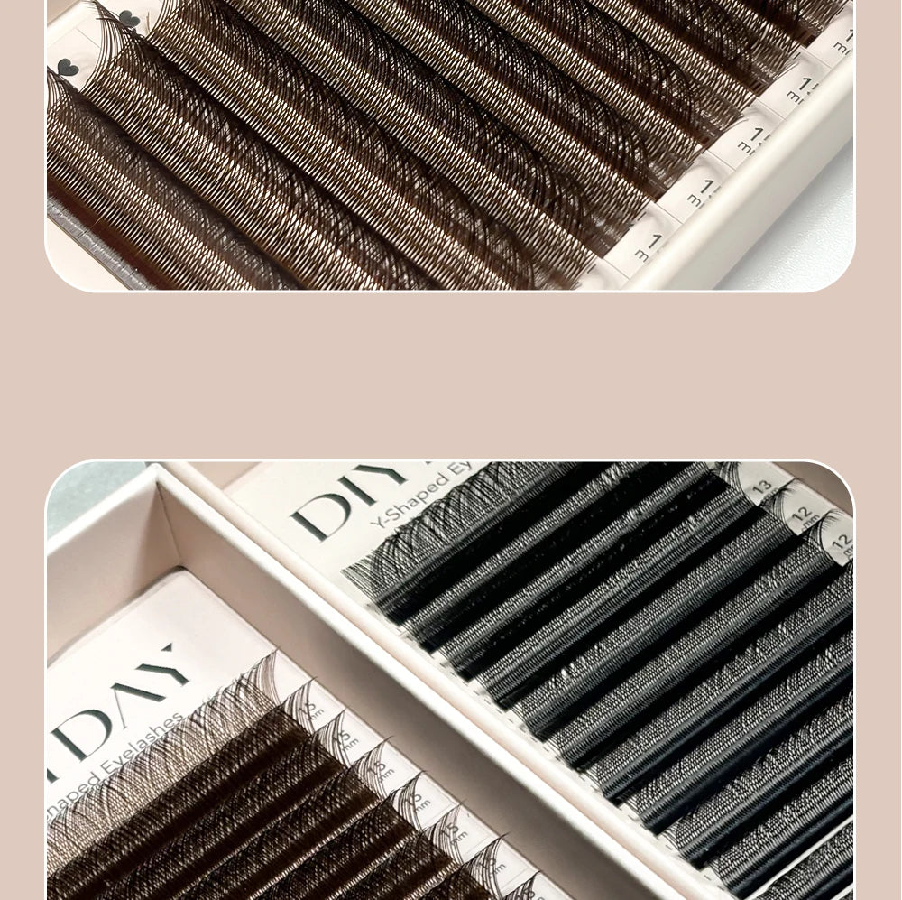 DIYDAY YY Shape Eyelash Extensions C D L LU Curl Brown Lashes Natural Soft Premade Volume Fans Two Tips Y-Shaped False Eyelashes