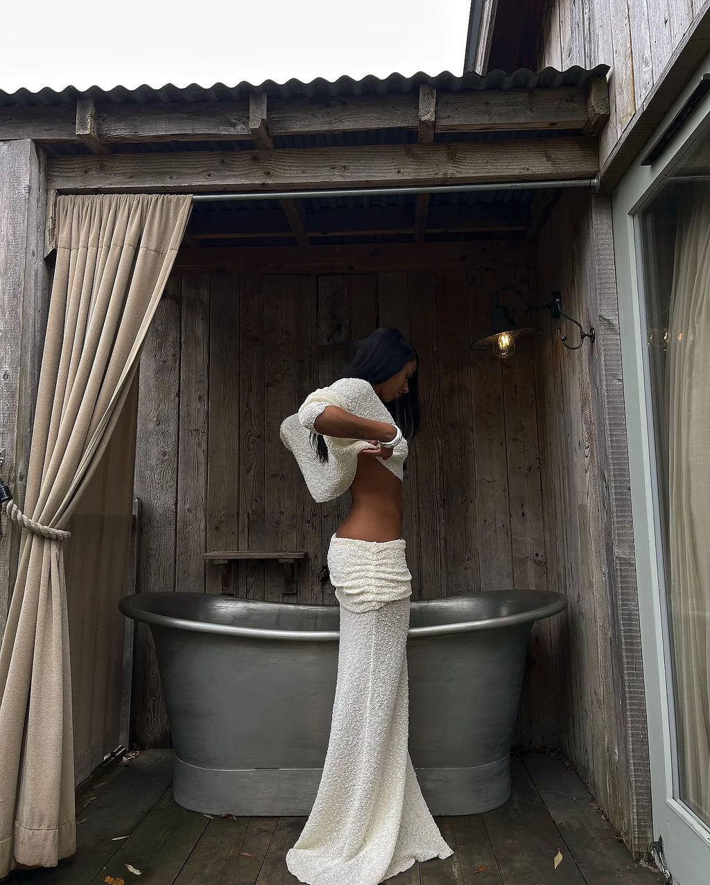 Summer Knit Beach Skirt Sets Women Sexy See Through Holiday Two Piece Outfits Long Sleeve Top and Maxi Skirt Matching Set 2025