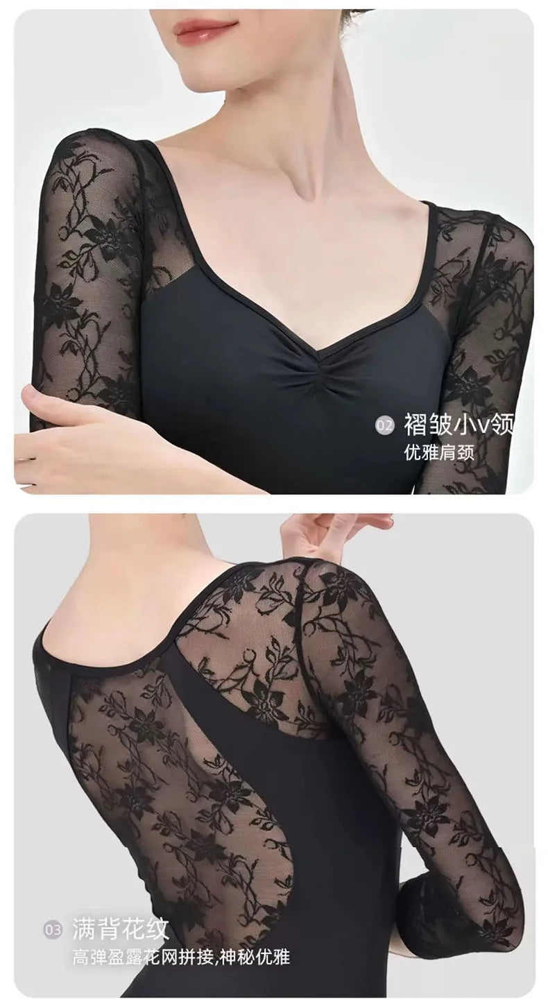 Lace patchwork Ballet Leotard Women V-neck long sleeves Ballerina Classical Dancewear Gymnastics Swimsuit Yoga Tights Performanc