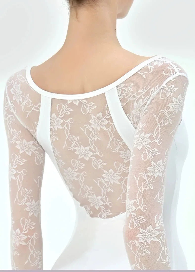 Lace patchwork Ballet Leotard Women V-neck long sleeves Ballerina Classical Dancewear Gymnastics Swimsuit Yoga Tights Performanc