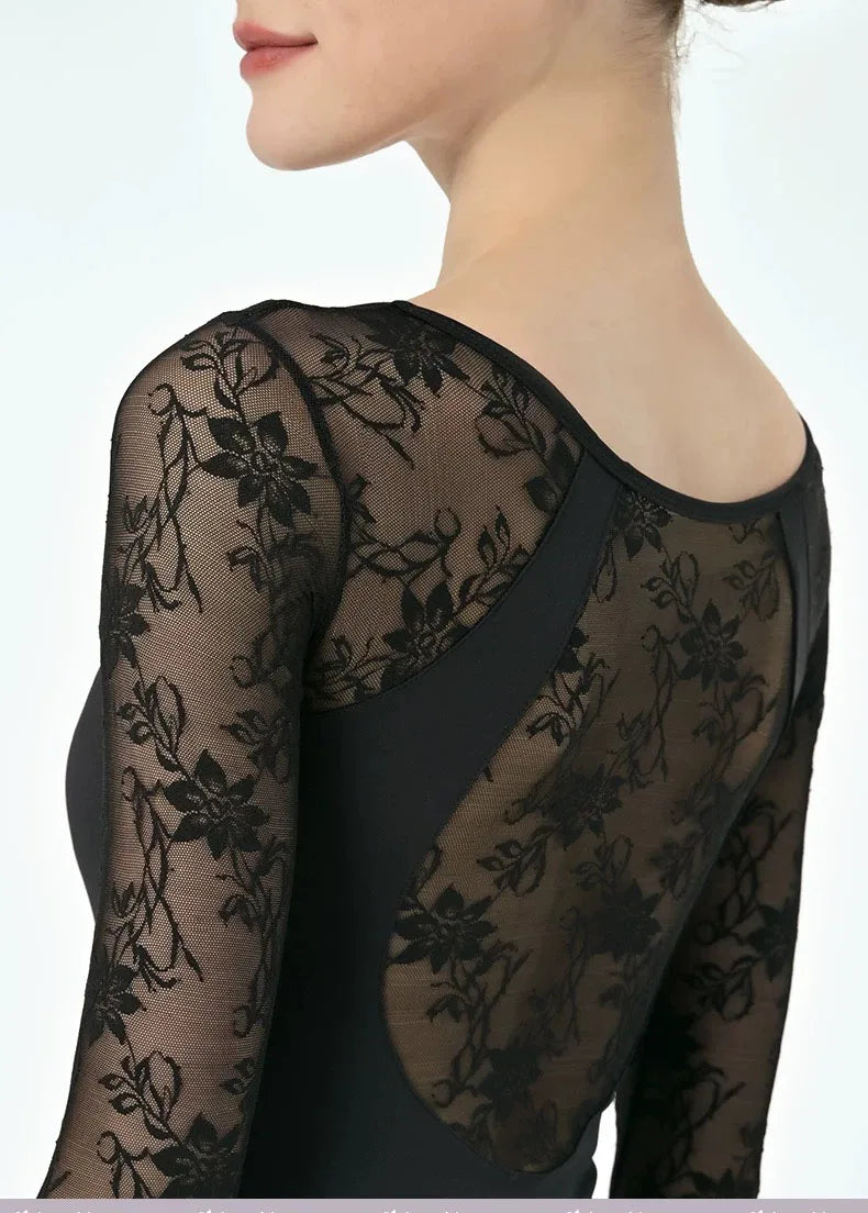 Lace patchwork Ballet Leotard Women V-neck long sleeves Ballerina Classical Dancewear Gymnastics Swimsuit Yoga Tights Performanc