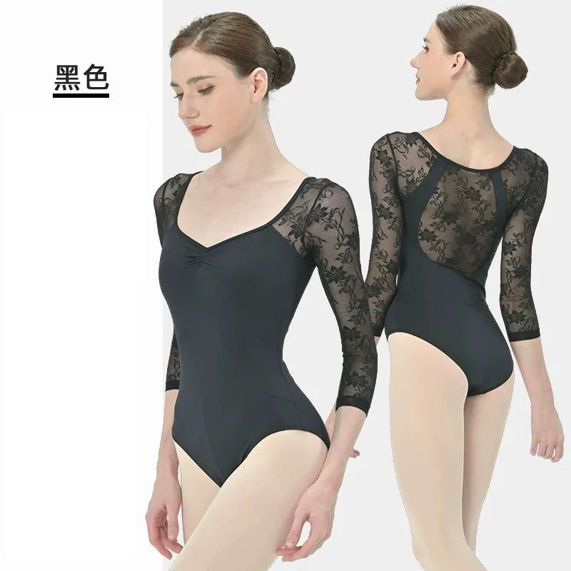 Lace patchwork Ballet Leotard Women V-neck long sleeves Ballerina Classical Dancewear Gymnastics Swimsuit Yoga Tights Performanc
