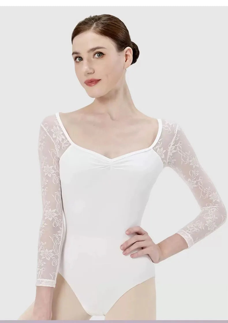 Lace patchwork Ballet Leotard Women V-neck long sleeves Ballerina Classical Dancewear Gymnastics Swimsuit Yoga Tights Performanc