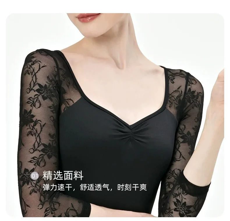 Lace patchwork Ballet Leotard Women V-neck long sleeves Ballerina Classical Dancewear Gymnastics Swimsuit Yoga Tights Performanc