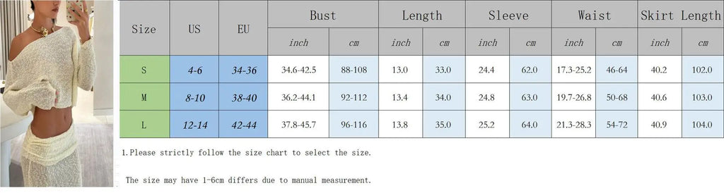Summer Knit Beach Skirt Sets Women Sexy See Through Holiday Two Piece Outfits Long Sleeve Top and Maxi Skirt Matching Set 2025