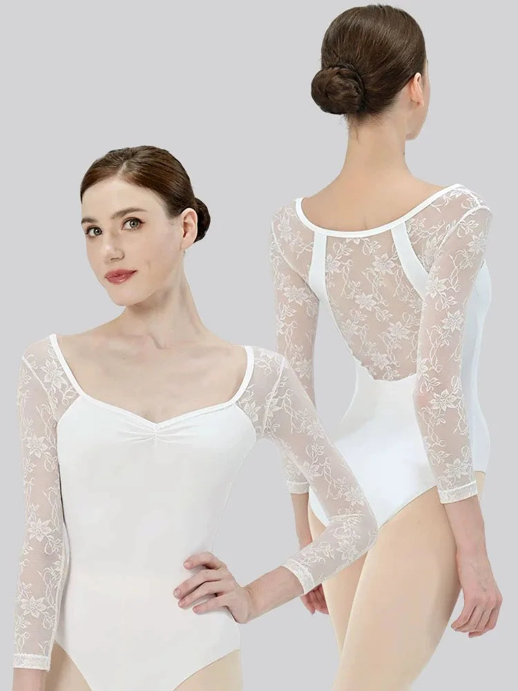 Lace patchwork Ballet Leotard Women V-neck long sleeves Ballerina Classical Dancewear Gymnastics Swimsuit Yoga Tights Performanc