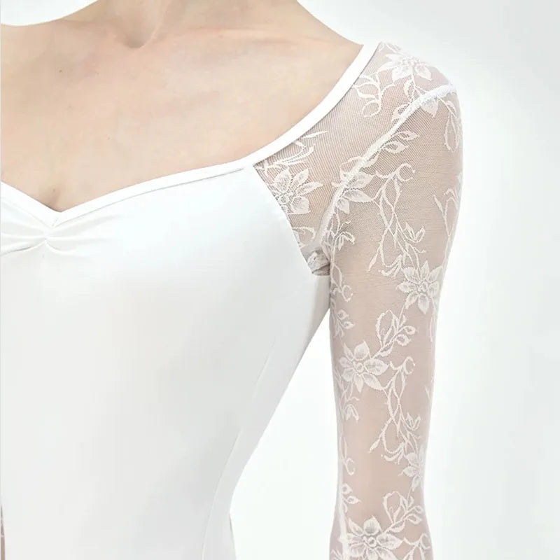 Lace patchwork Ballet Leotard Women V-neck long sleeves Ballerina Classical Dancewear Gymnastics Swimsuit Yoga Tights Performanc