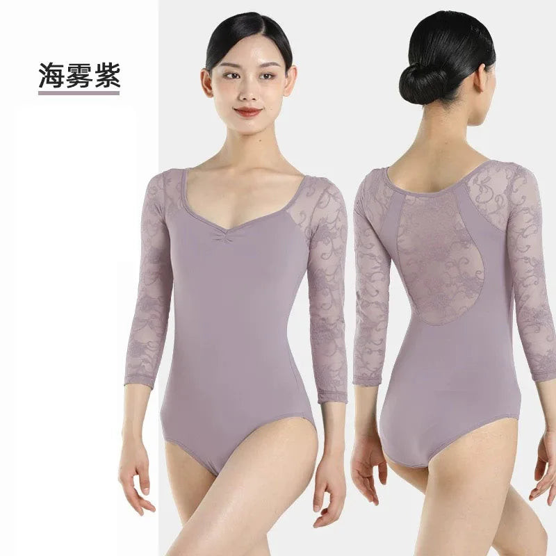 Lace patchwork Ballet Leotard Women V-neck long sleeves Ballerina Classical Dancewear Gymnastics Swimsuit Yoga Tights Performanc