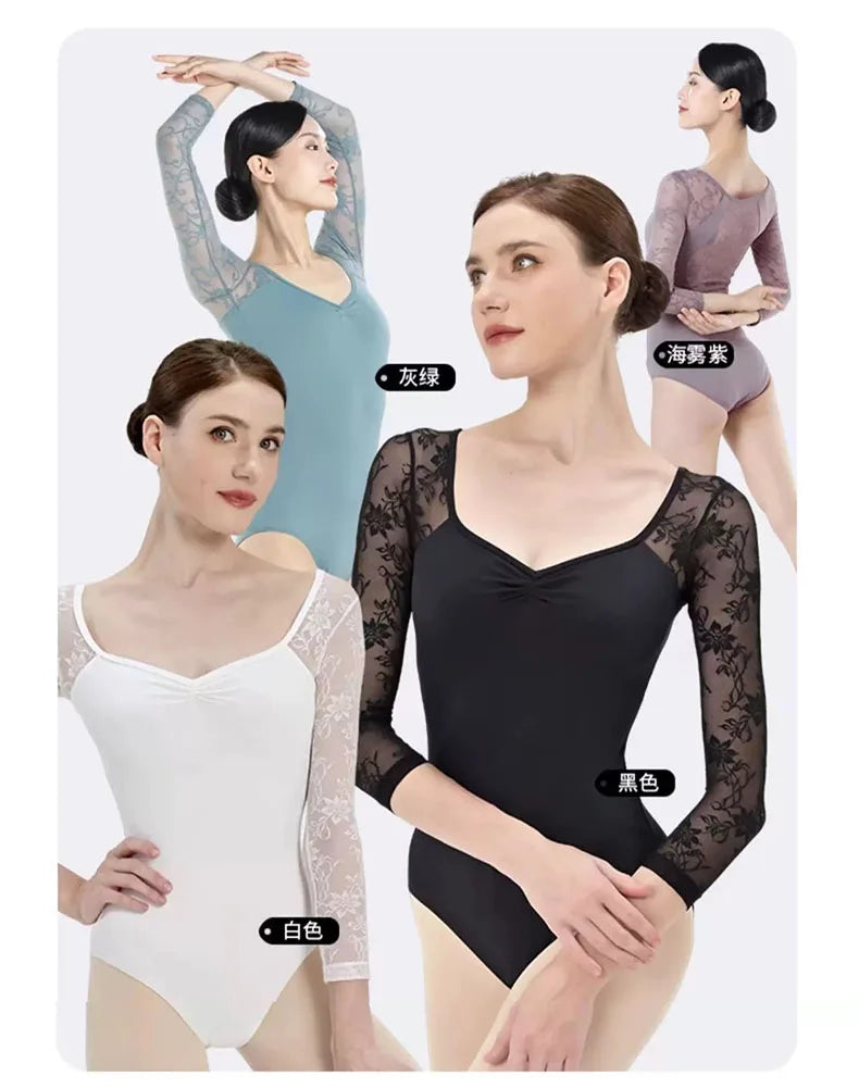 Lace patchwork Ballet Leotard Women V-neck long sleeves Ballerina Classical Dancewear Gymnastics Swimsuit Yoga Tights Performanc