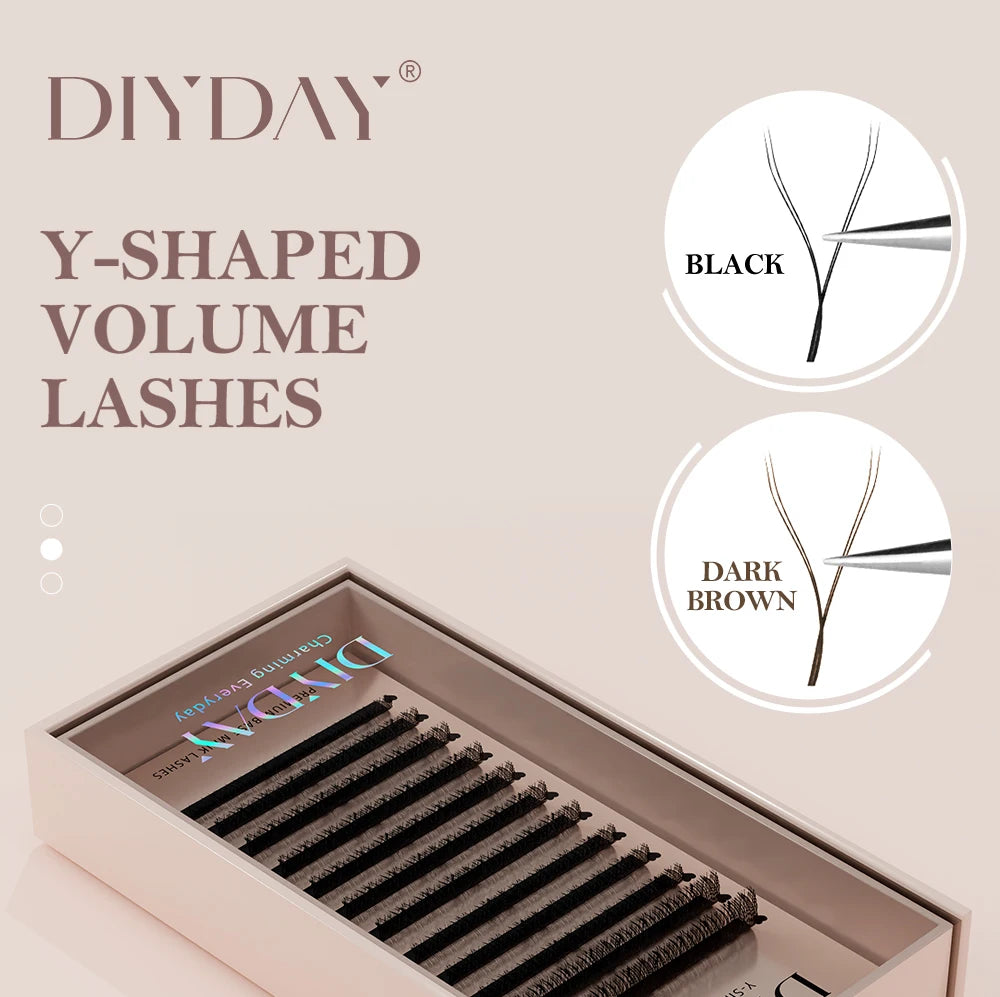 DIYDAY YY Shape Eyelash Extensions C D L LU Curl Brown Lashes Natural Soft Premade Volume Fans Two Tips Y-Shaped False Eyelashes