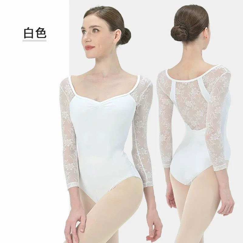 Lace patchwork Ballet Leotard Women V-neck long sleeves Ballerina Classical Dancewear Gymnastics Swimsuit Yoga Tights Performanc