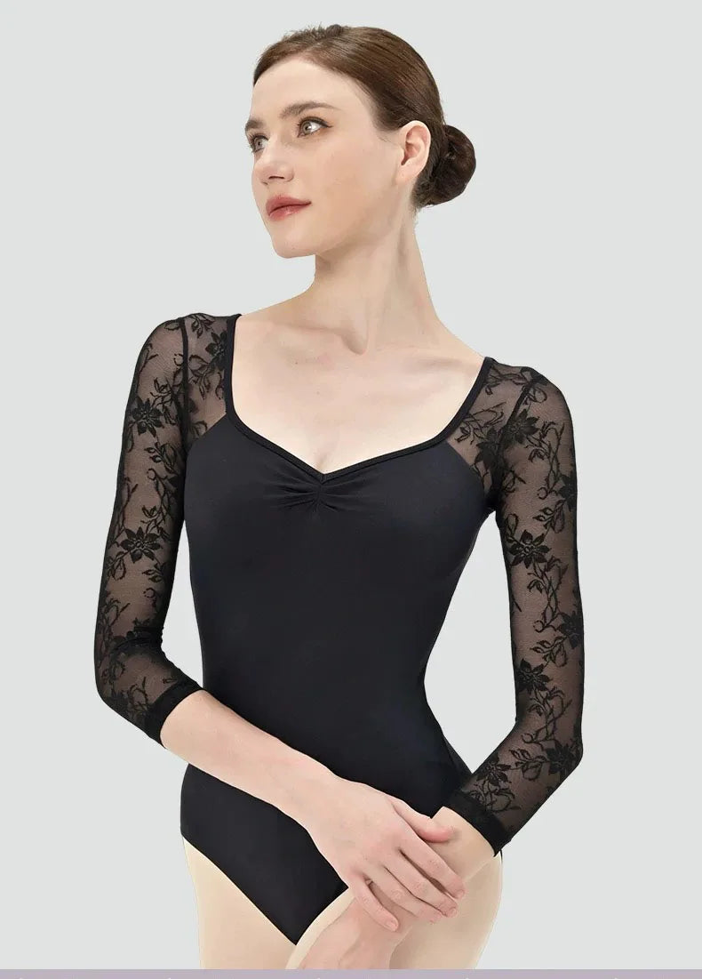 Lace patchwork Ballet Leotard Women V-neck long sleeves Ballerina Classical Dancewear Gymnastics Swimsuit Yoga Tights Performanc