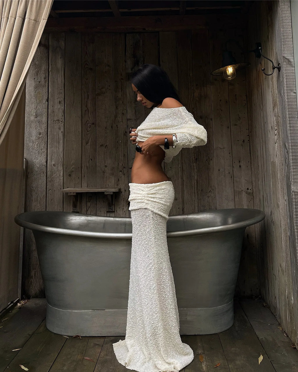 Summer Knit Beach Skirt Sets Women Sexy See Through Holiday Two Piece Outfits Long Sleeve Top and Maxi Skirt Matching Set 2025