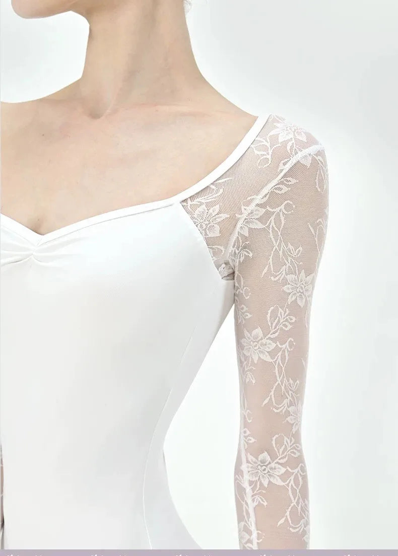 Lace patchwork Ballet Leotard Women V-neck long sleeves Ballerina Classical Dancewear Gymnastics Swimsuit Yoga Tights Performanc