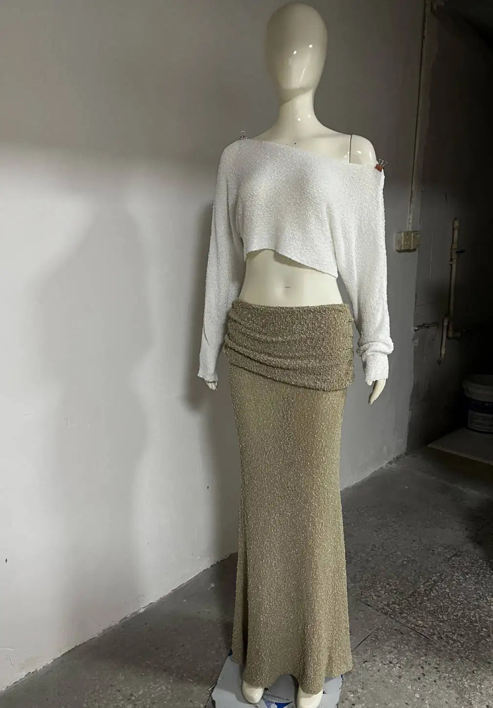 Summer Knit Beach Skirt Sets Women Sexy See Through Holiday Two Piece Outfits Long Sleeve Top and Maxi Skirt Matching Set 2025