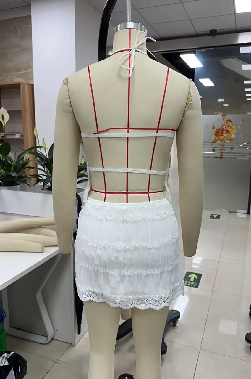 Combhasaki Women 2Pcs Smocked Outfits Set Sleeveless Lace-up Halter neck Crop Camis Vest+High Waist Floral Lace Hem Pencil Skirt