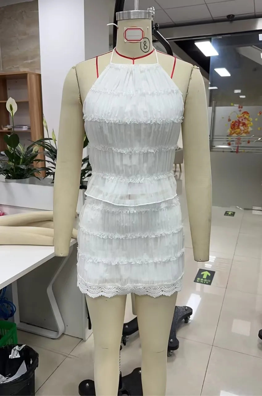 Combhasaki Women 2Pcs Smocked Outfits Set Sleeveless Lace-up Halter neck Crop Camis Vest+High Waist Floral Lace Hem Pencil Skirt