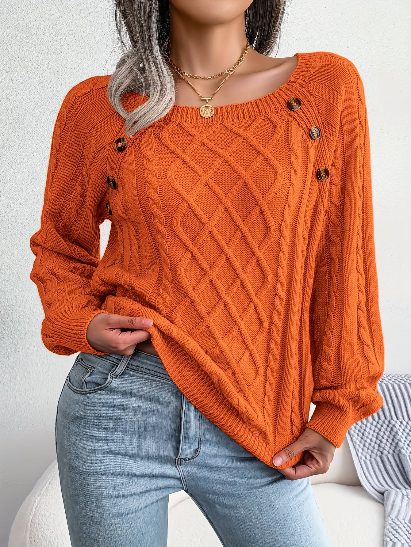 Women's Sweater Round Neck Texture Button Lantern Sleeve Sweater